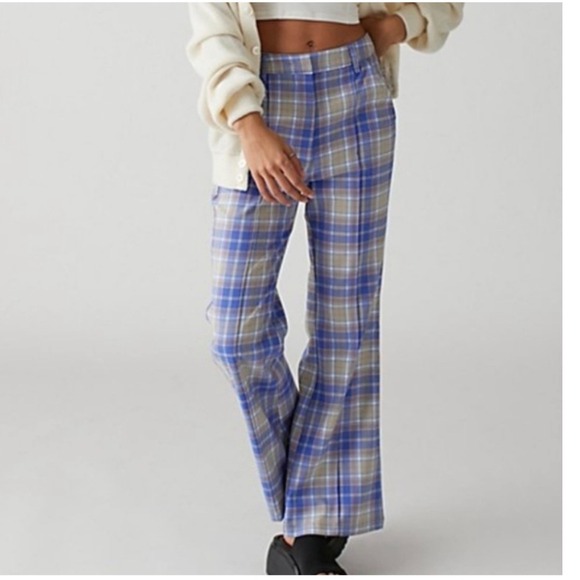 Urban Outfitters Women's Plaid Flare Pants Blue 70s Style High Waisted Trousers - Picture 1 of 10
